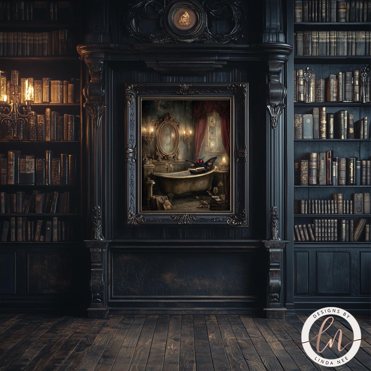 a luxurious and ornate room with a large bookshelf filled with books, a fireplace with a painting of a bathtub, and a chandelier hanging from the ceiling.