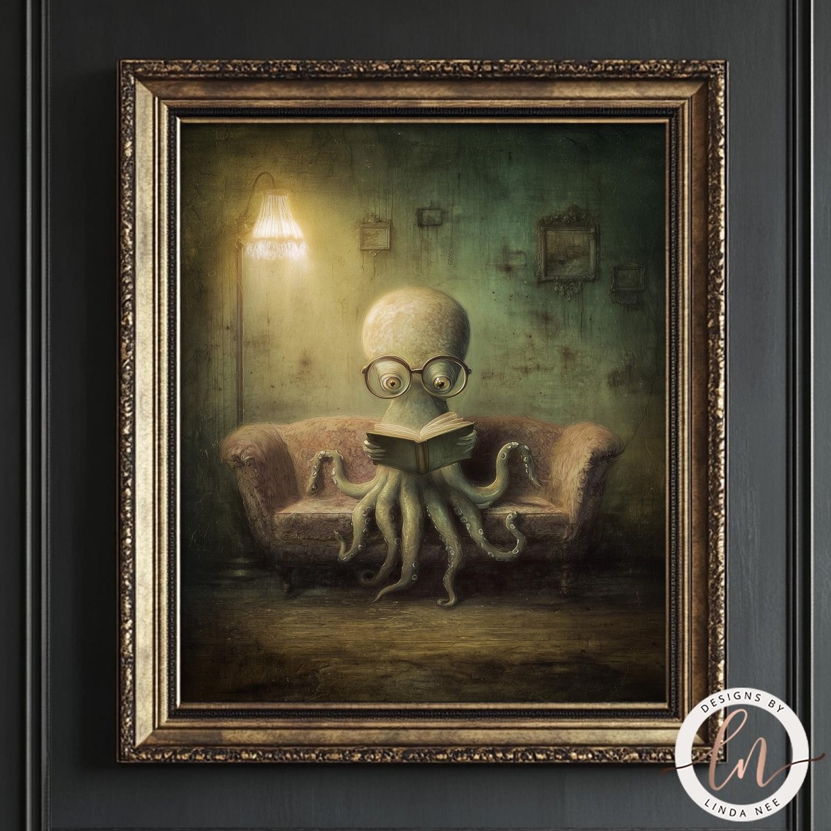 A painting of an octopus sitting on a couch and reading a book, with a lamp and green wall in the background.