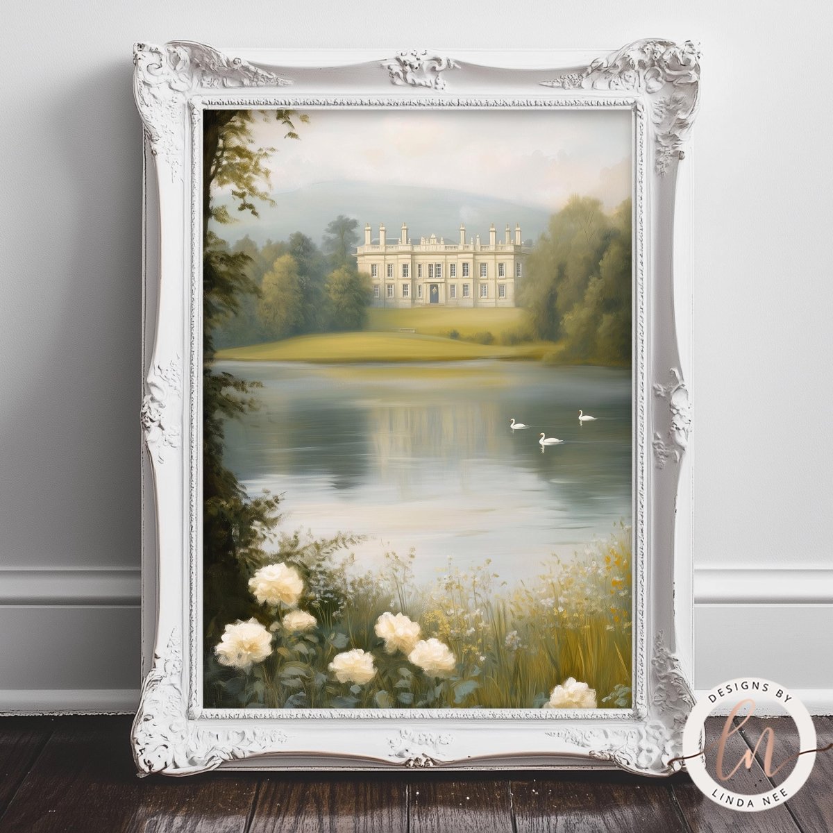 A framed painting depicting a serene landscape with a large white building in the background, surrounded by trees and a lake with swans swimming in the foreground.