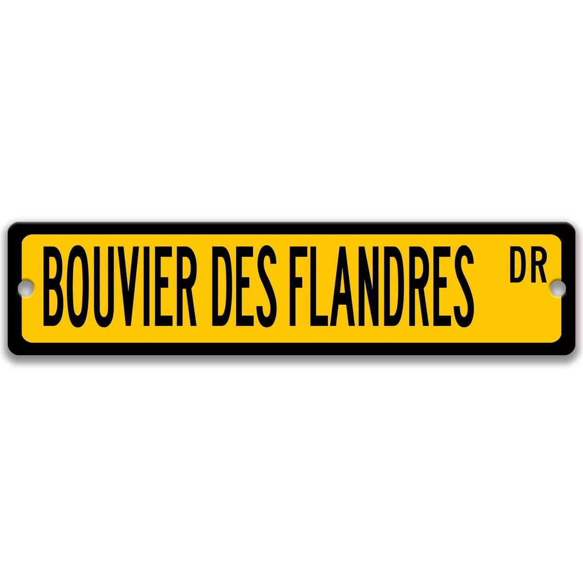 Yellow Bouvier Des Flandres DR aluminum street sign with black lettering