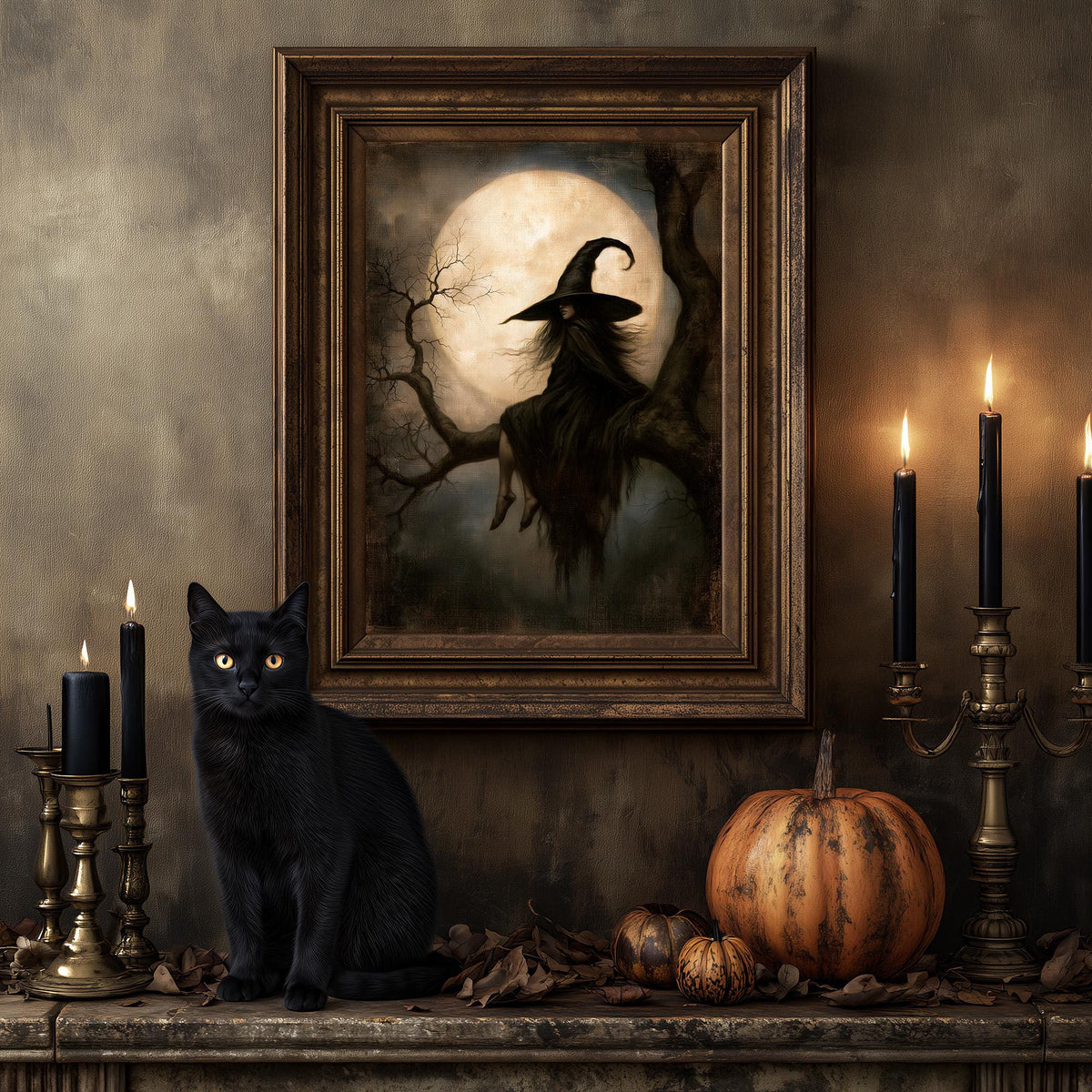 Black cat on a mantel below the witch in the tree print, beside a pumpkin