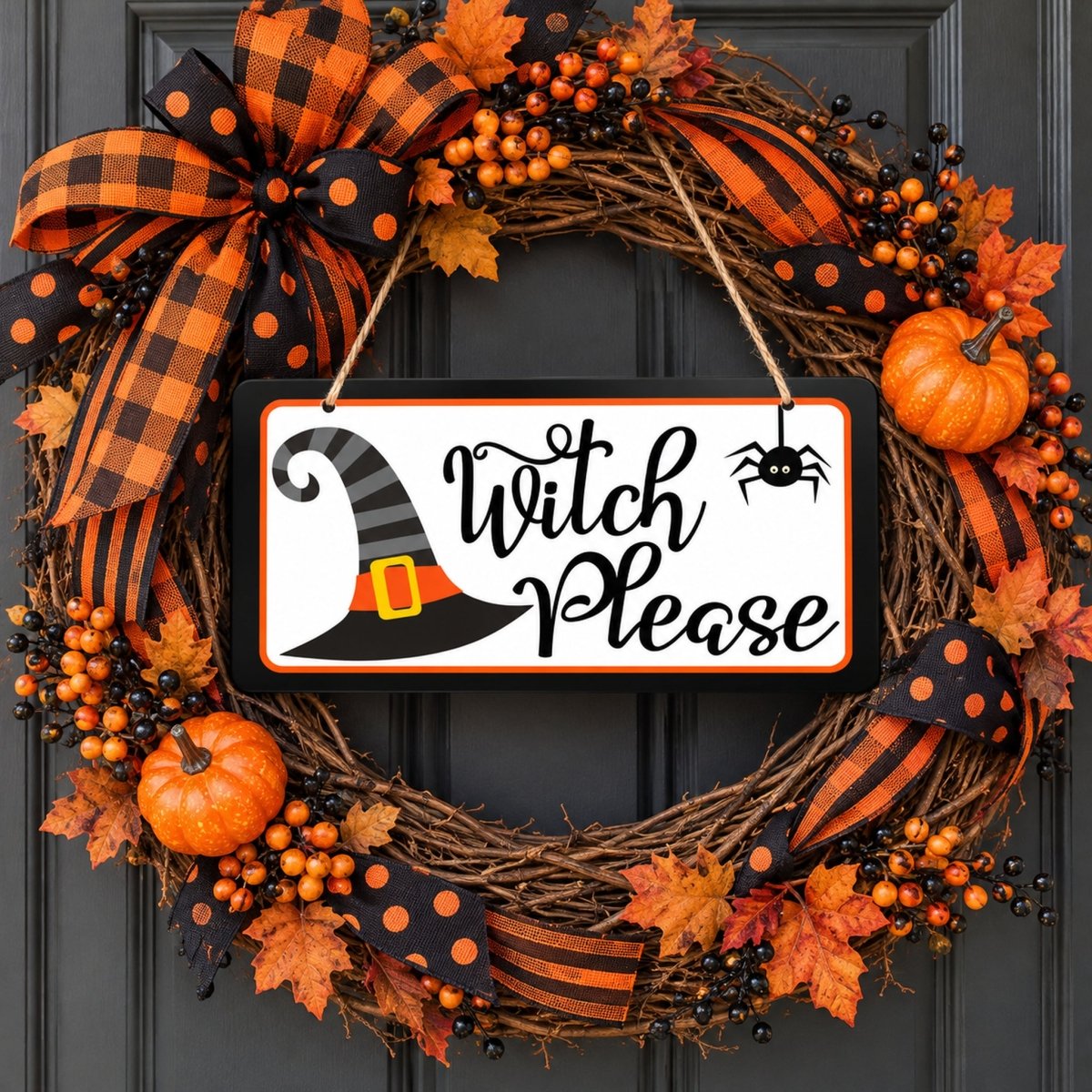 Witch Please sign centered in a door wreath