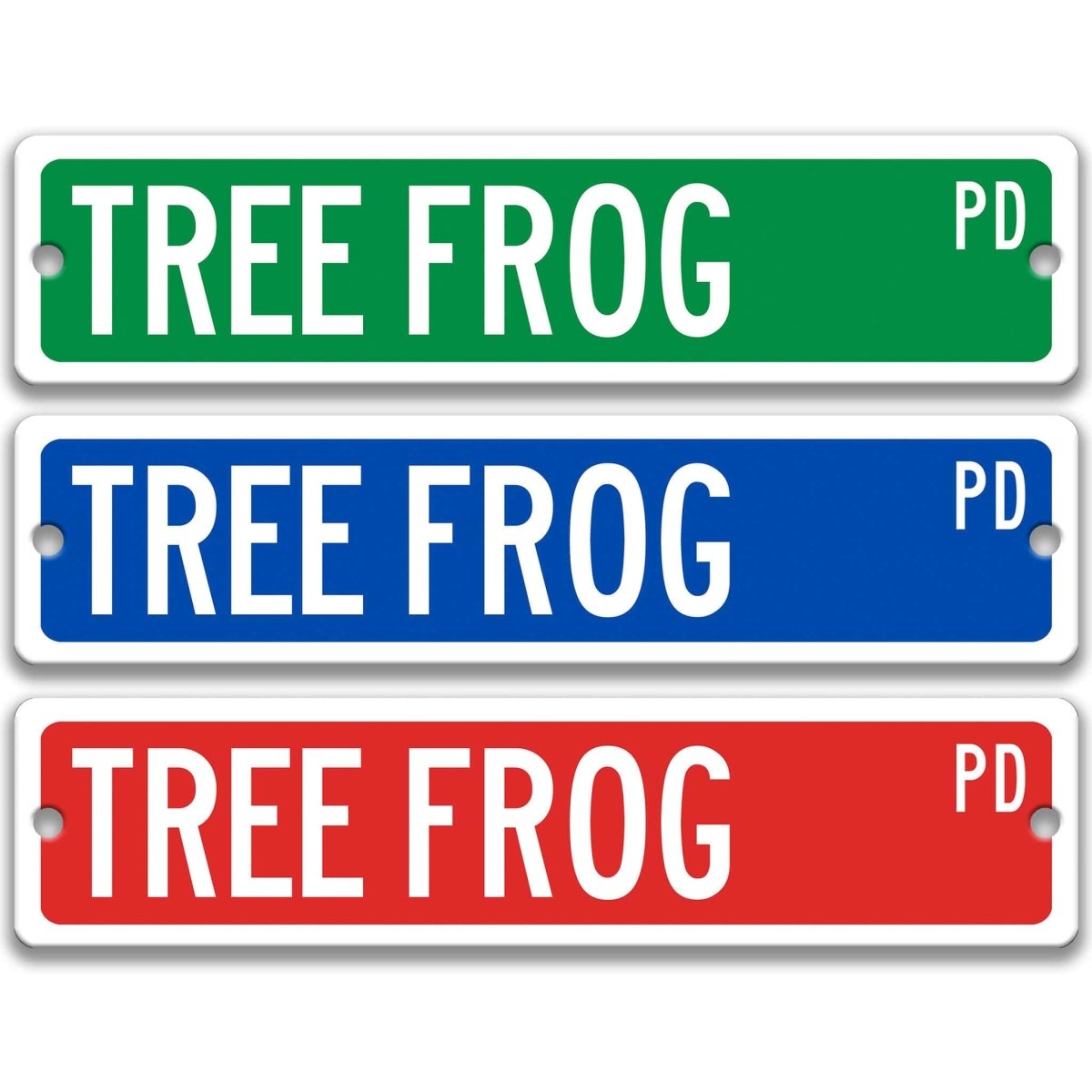 Tree Frog Street Name metal sign shown in green, blue, and red background options