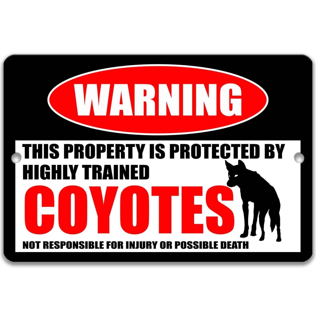 Coyote warning metal sign, glossy black, red WARNING oval and standing coyote silhouette