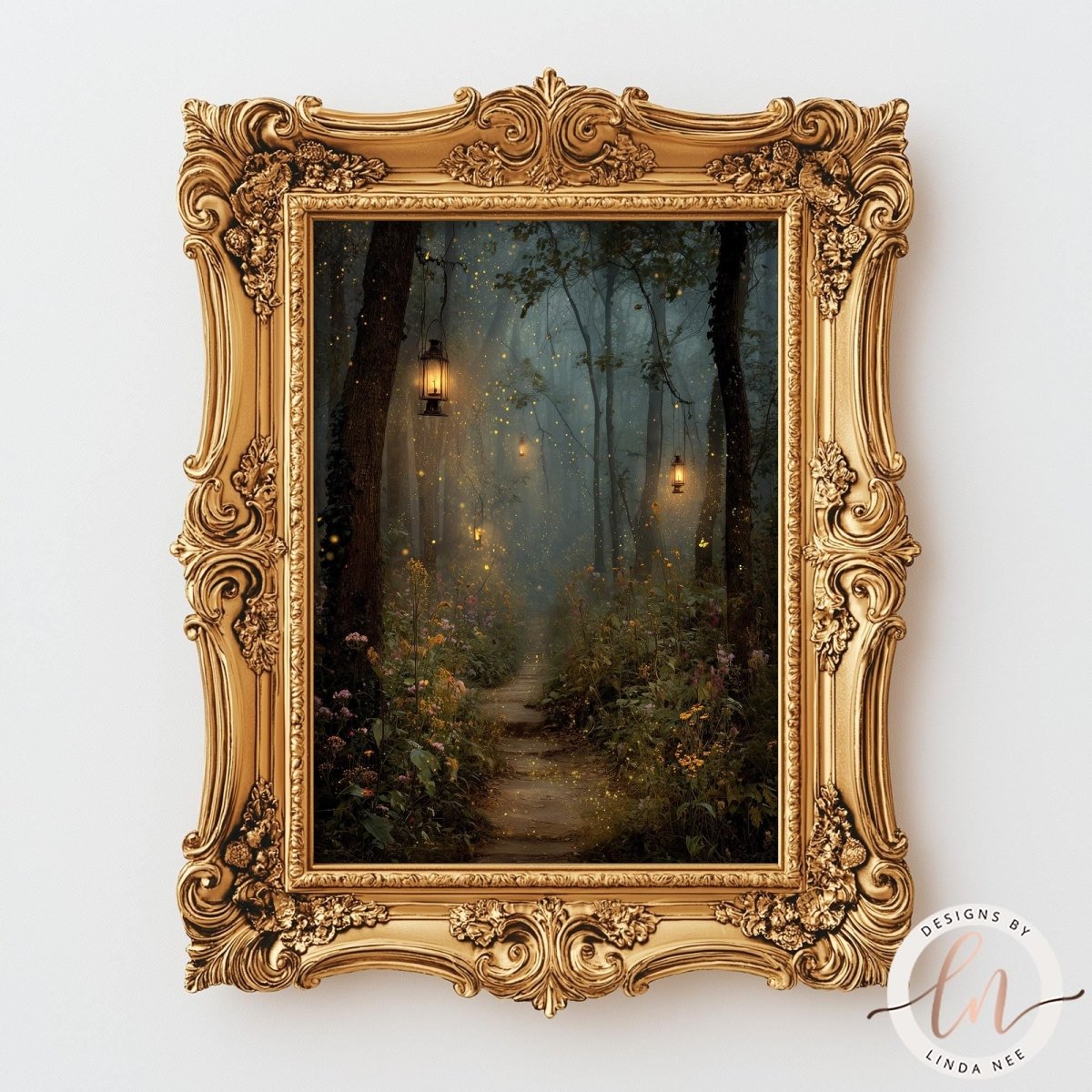 The image is a painting of a forest path with lanterns hanging from the trees, creating a magical and enchanting atmosphere.
