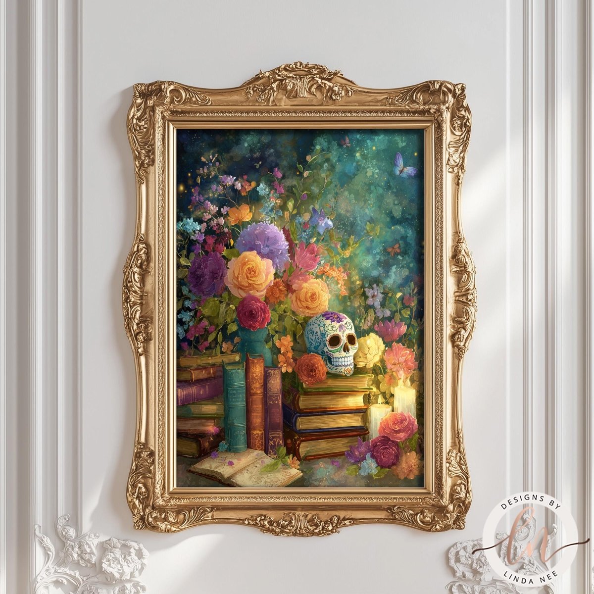 The image is a framed painting depicting a skull surrounded by a vibrant array of flowers, books, and a candle, all set against a lush, colorful background.
