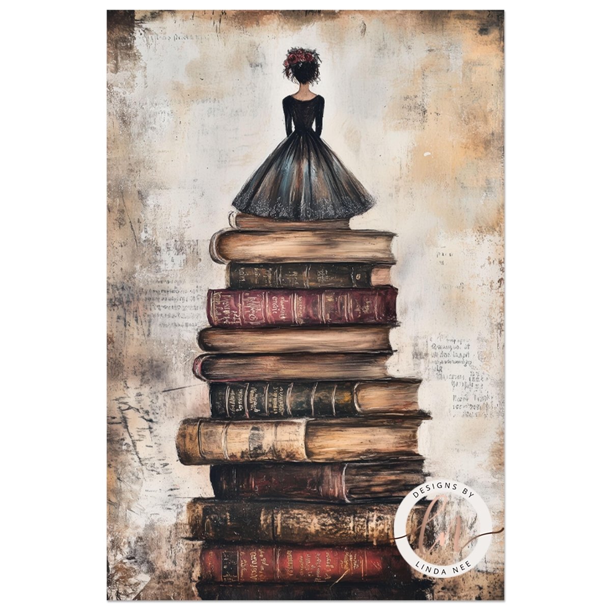 A woman in a black dress stands atop a stack of books, with a floral headpiece.