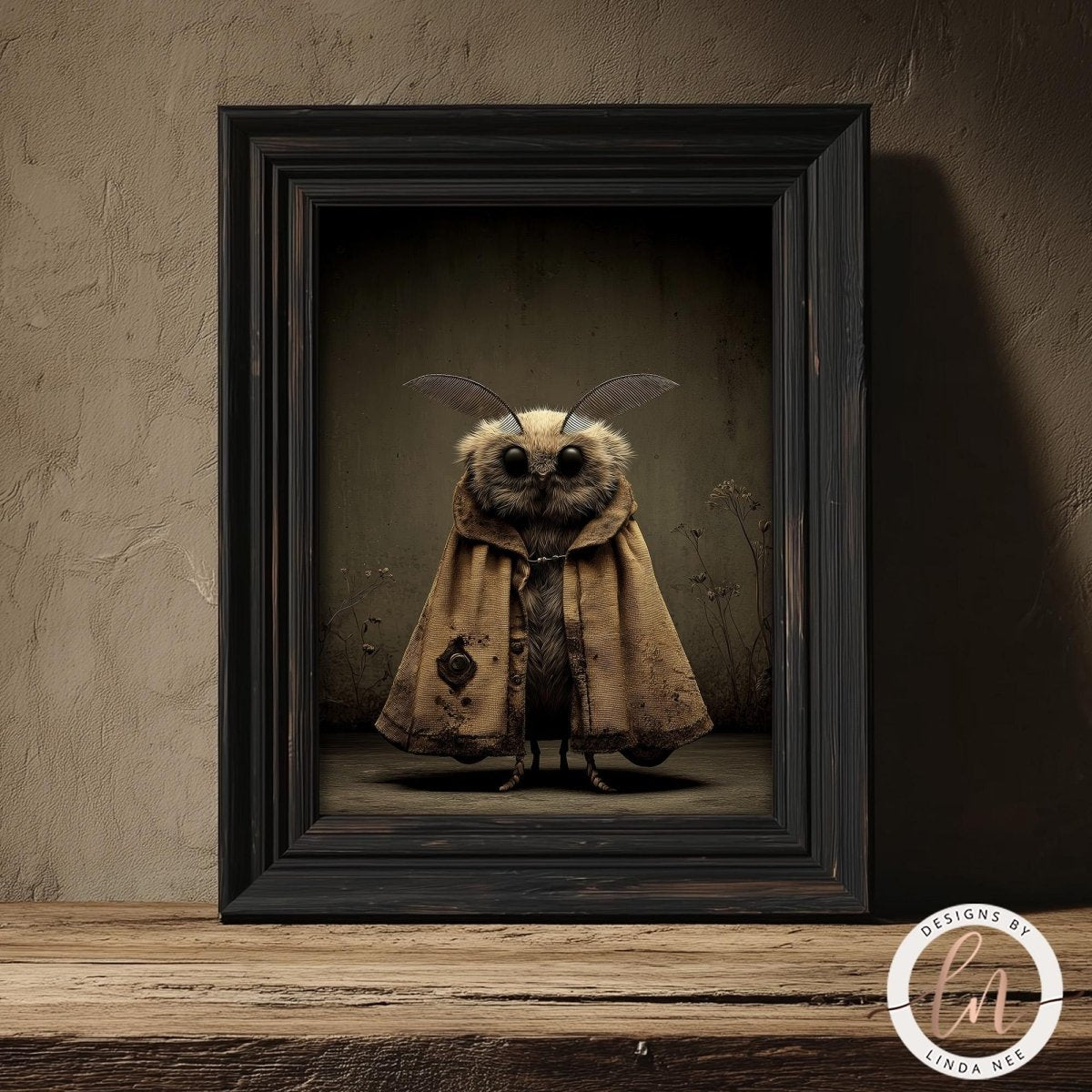 A central portrait of a whimsical moth character with large, glossy black eyes and wide, feathered antennae. The moth wears a heavy, tattered brown traveler's cloak with a single large button on the left side. The background is a dark, moody sepia with subtle textures and skeletal plant stems.