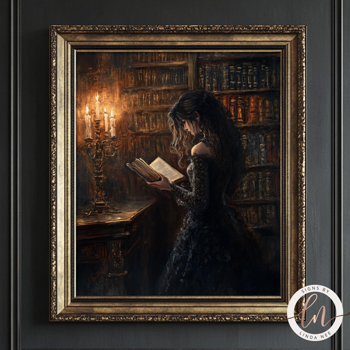 Woman in profile reading beside a lit candelabra in a library