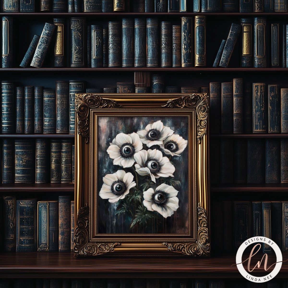 White flowers print displayed on a wooden shelf near bookshelves