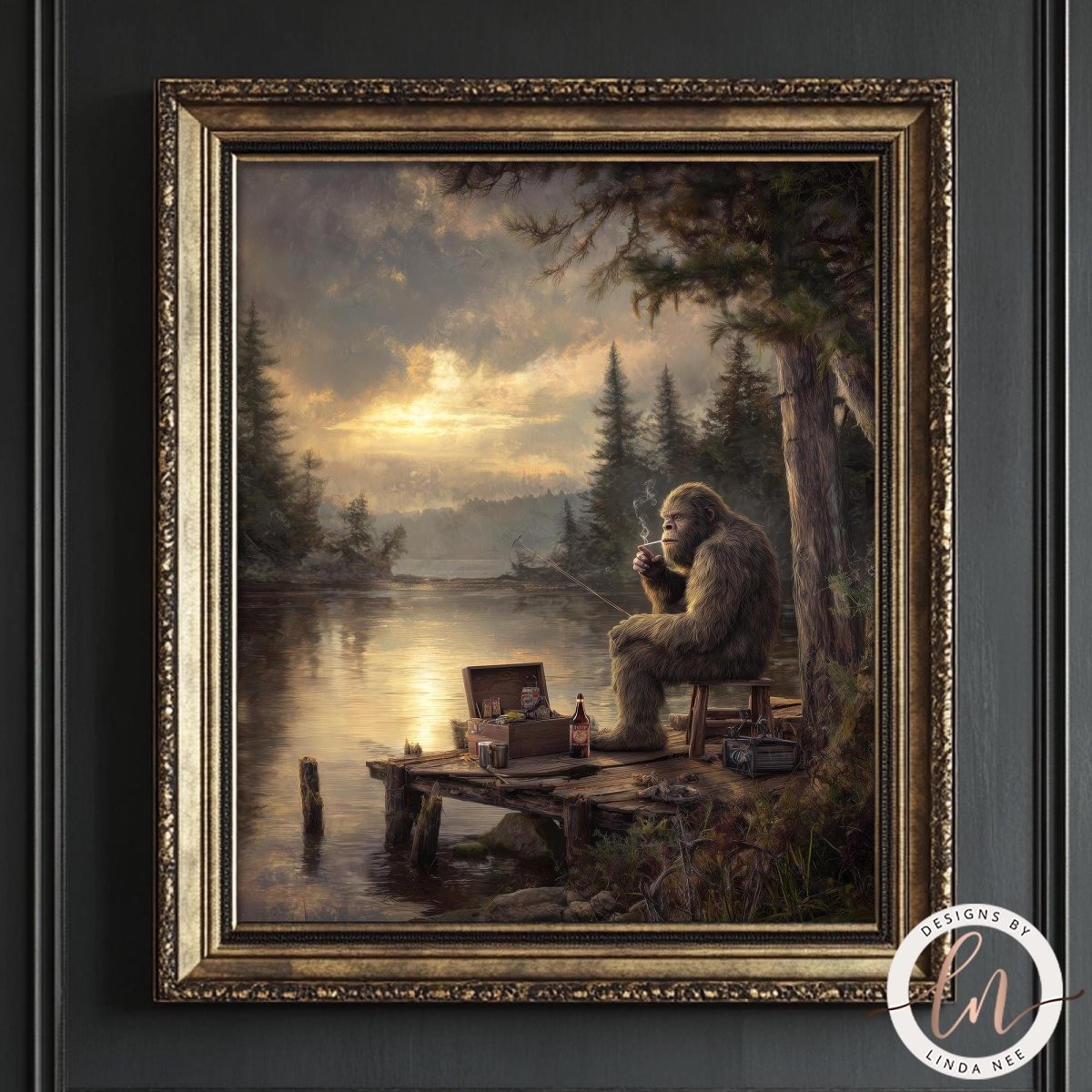 A painting of a Bigfoot sitting on a dock by a lake, surrounded by trees and a cloudy sky.