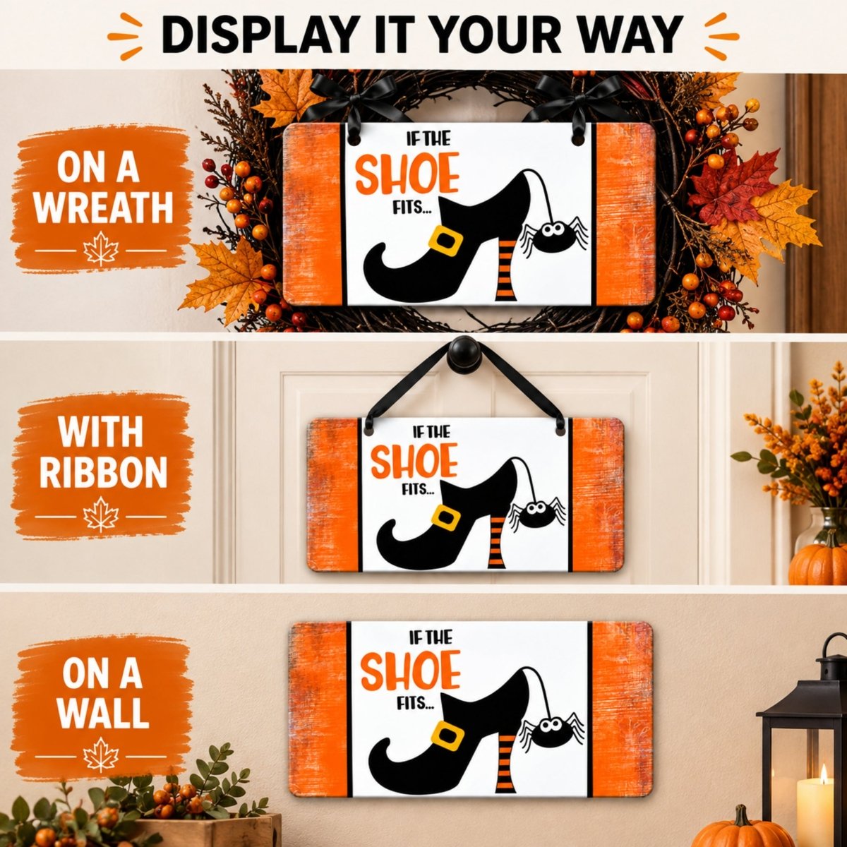 Witch Shoe and Spider sign shown on a wreath, a door, and a wall