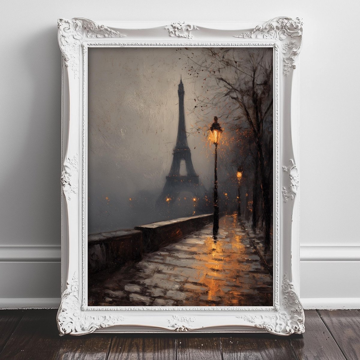 The image is a painting of the Eiffel Tower in Paris, France, with a street lamp and a foggy atmosphere in the background.