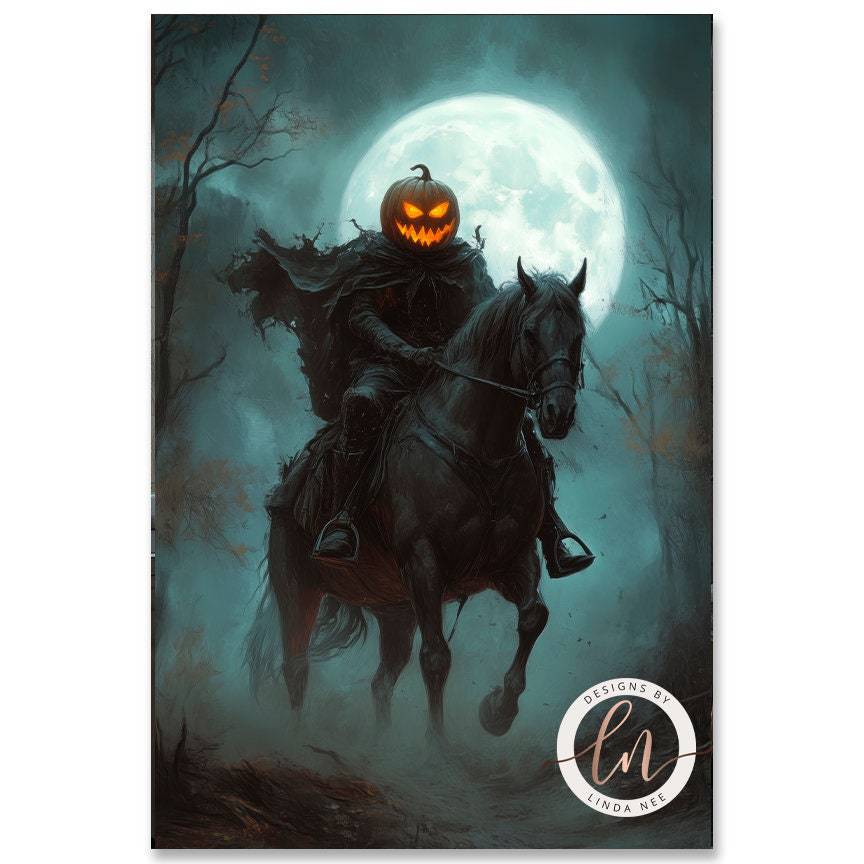 A spooky Halloween scene featuring a jack-o'-lantern riding a horse through a foggy forest under a full moon.