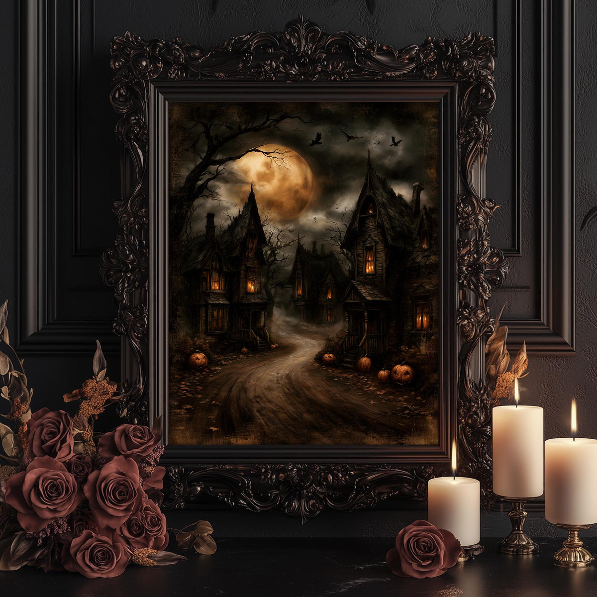 Haunted village print shown framed for display beside lit candles and roses