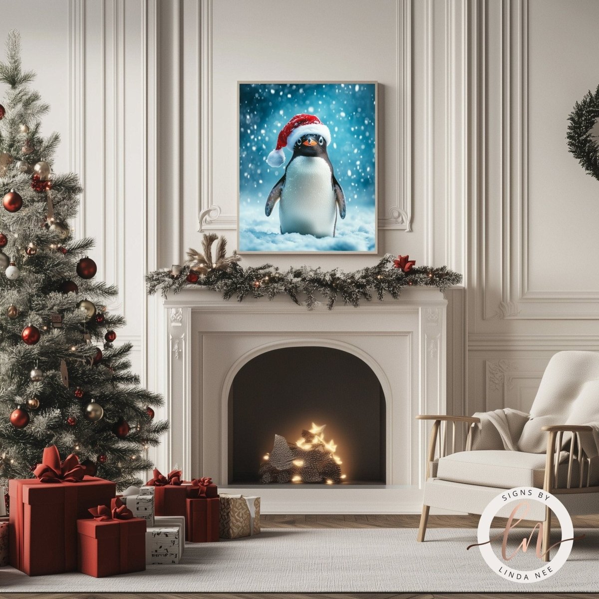 Christmas penguin wall art shown above a fireplace beside a decorated tree