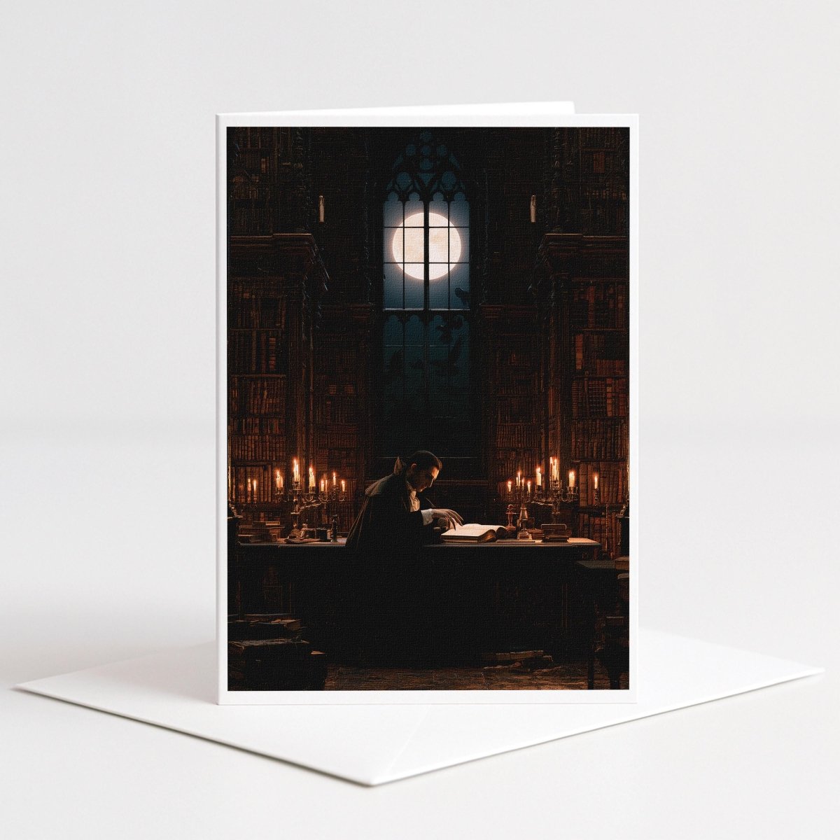 Dracula reading by candlelight in a gothic library with a moonlit window, Halloween note card art