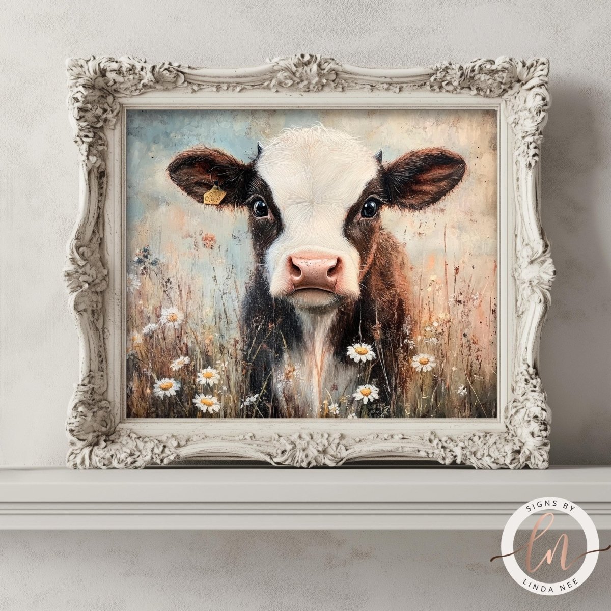 Cow with white face and brown spots displayed in a flower field