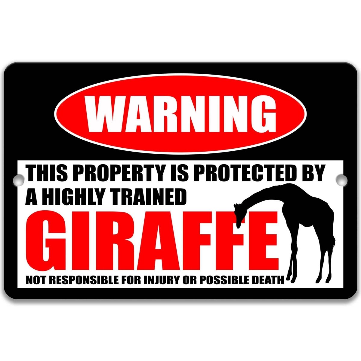 Giraffe warning sign, weathered aged finish, highly trained giraffe joke with long-necked giraffe silhouette