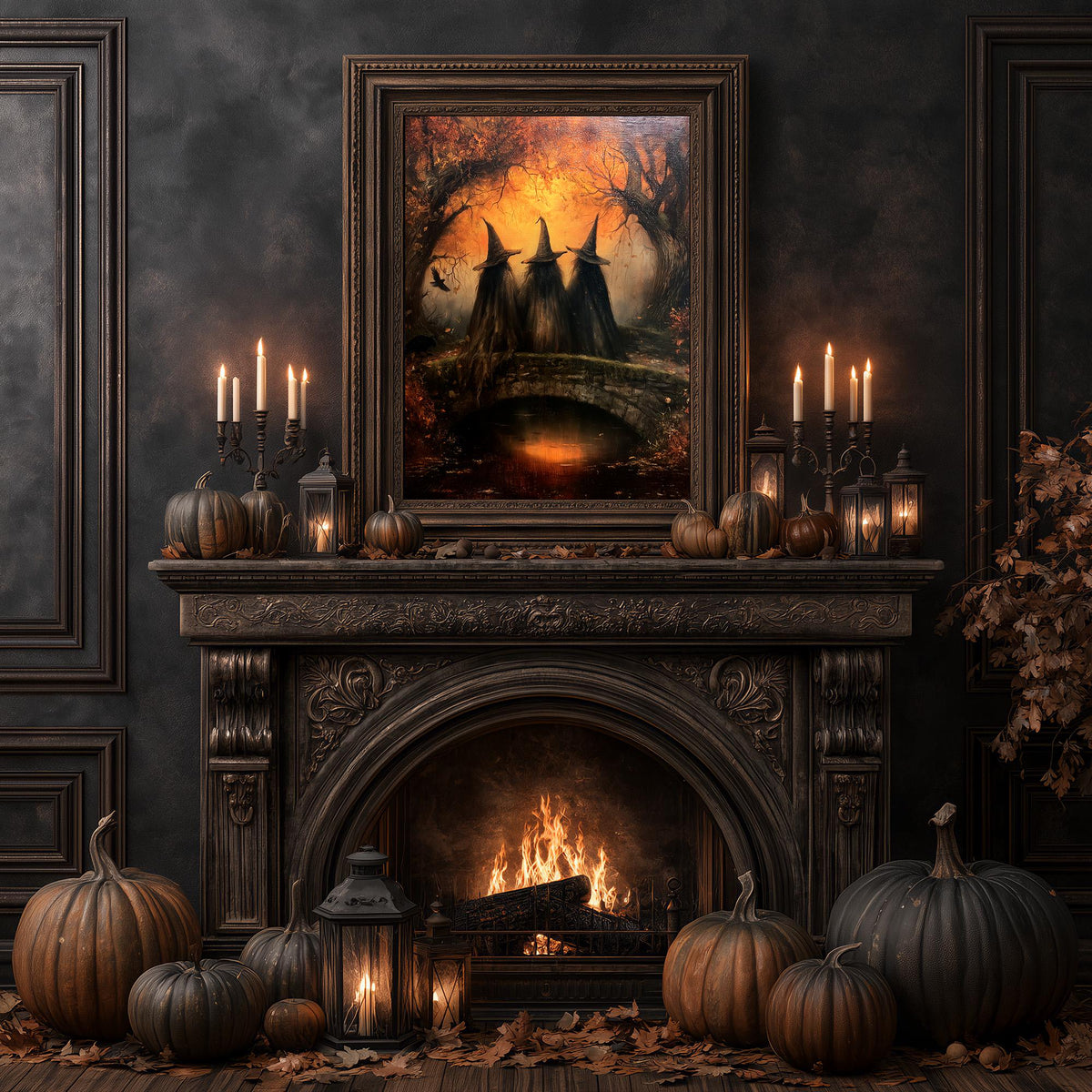 Festive hearth banked with pumpkins and candles under the gothic coven artwork