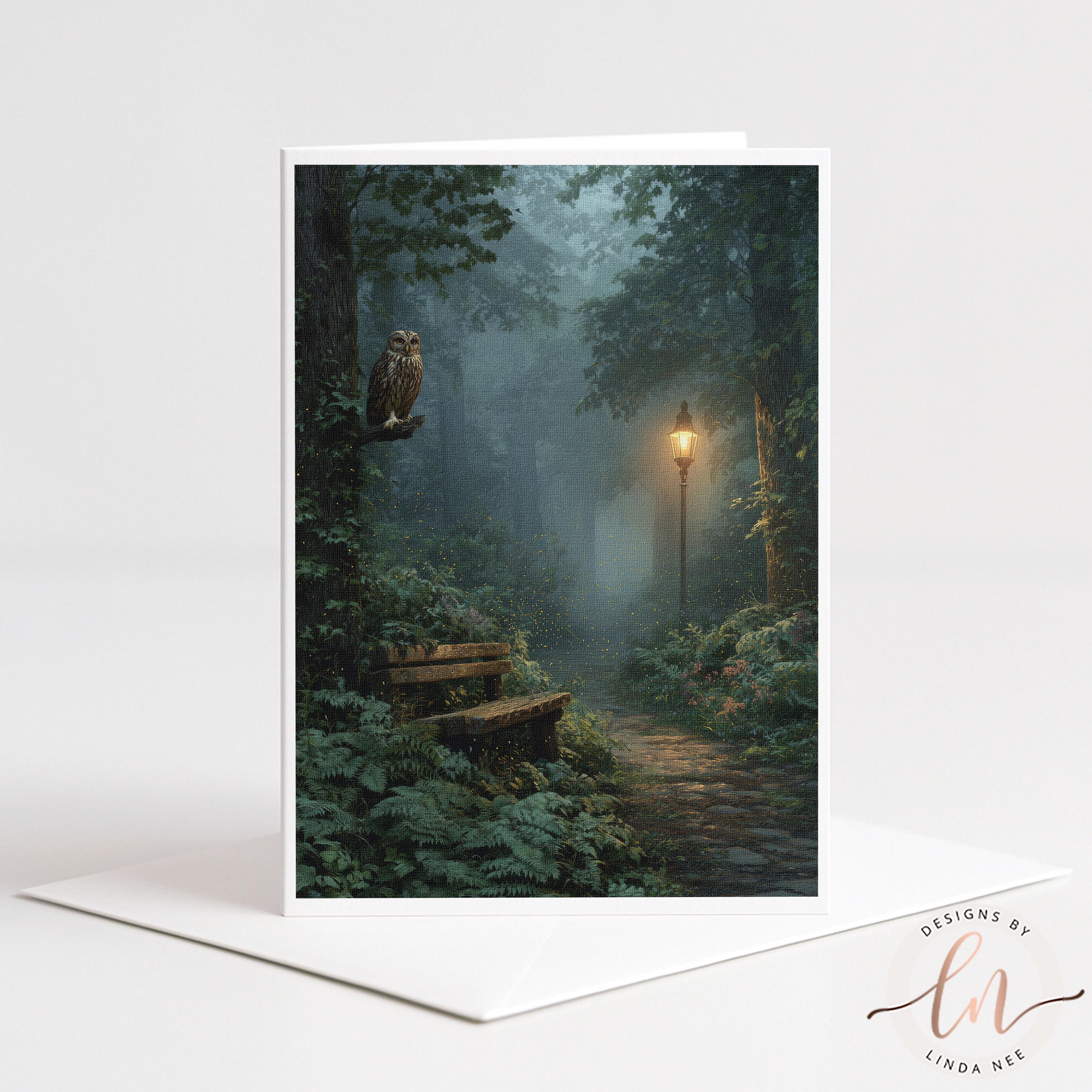A serene forest scene with a path leading through the trees, illuminated by a single light source. An owl perches on a branch, adding a sense of mystery to the tranquil atmosphere.