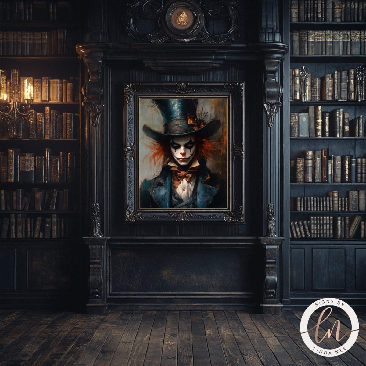 Gothic Mad Hatter art print shown in a room with an ornate fireplace
