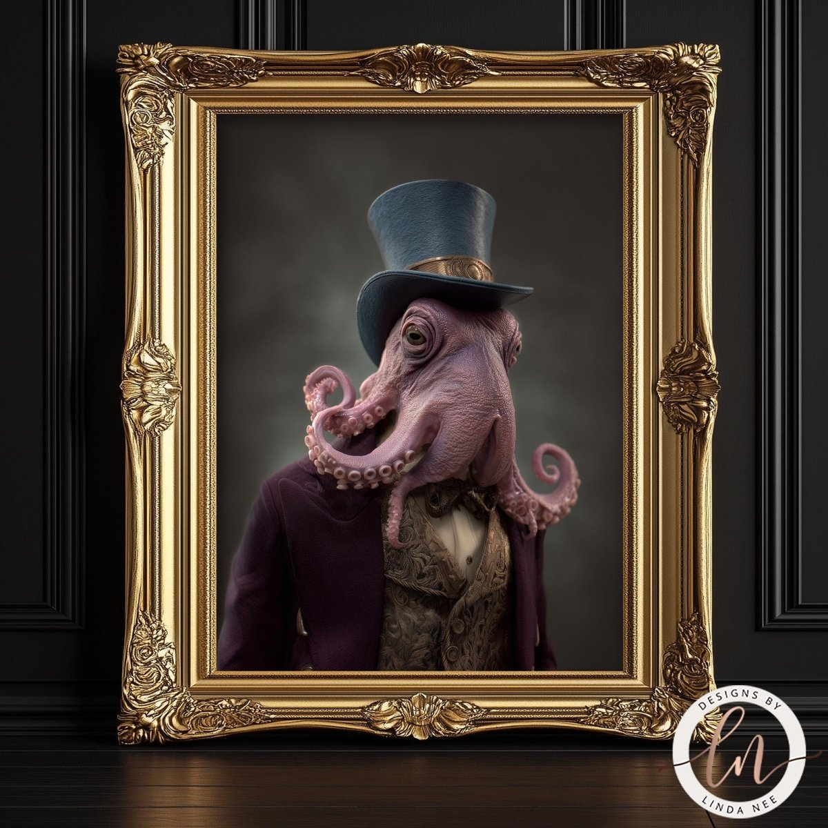 A framed image of a purple octopus wearing a top hat and suit, with a dark background.
