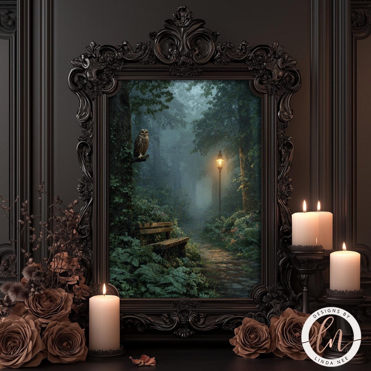 a painting of a forest scene with a path leading through the trees, illuminated by a street lamp. The painting is framed in an ornate black frame and is displayed on a dark wall. The painting is surrounded by candles and flowers, creating a warm and inviting atmosphere.
