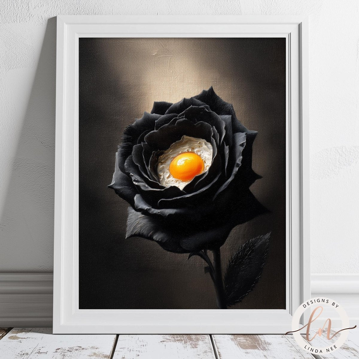 A framed image of a black rose with an egg yolk in the center, set against a dark background.