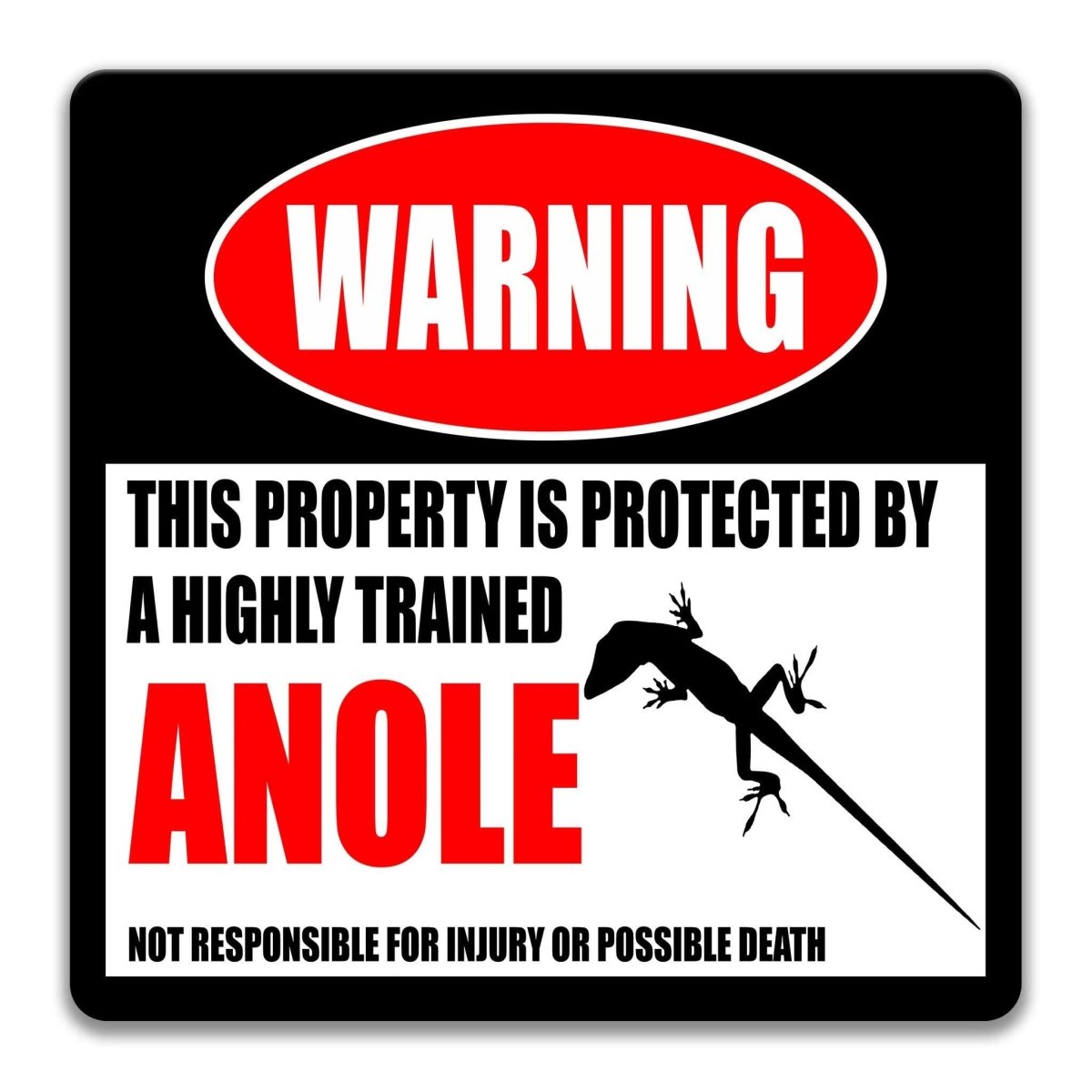Anole Lizard warning sign, red WARNING banner and large anole lizard silhouette, funny Anole Lizard lover gift, aluminum with rounded corners