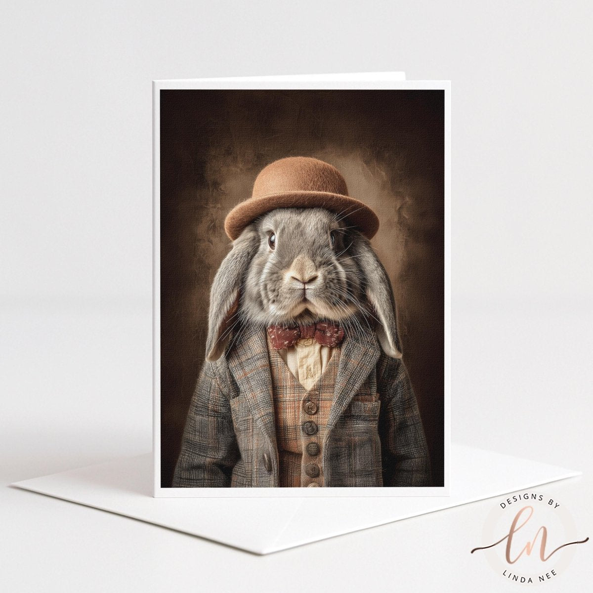 A portrait of a rabbit wearing a hat and a suit, with a serious expression on its face.