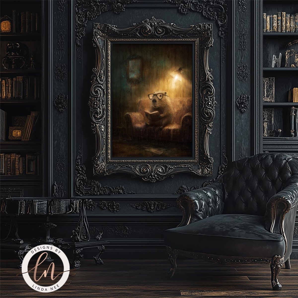 a painting of a bear sitting in a chair, with a lamp illuminating the scene. The painting is displayed on a dark wall, and there is a black leather armchair in the foreground.