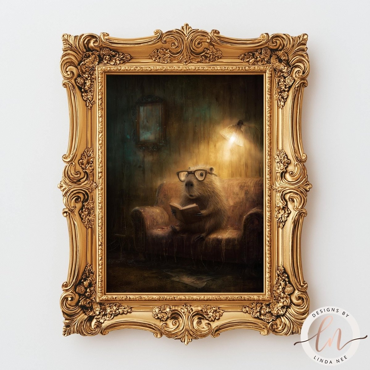 A painting of a beaver wearing glasses and reading a book, set within an ornate gold frame.