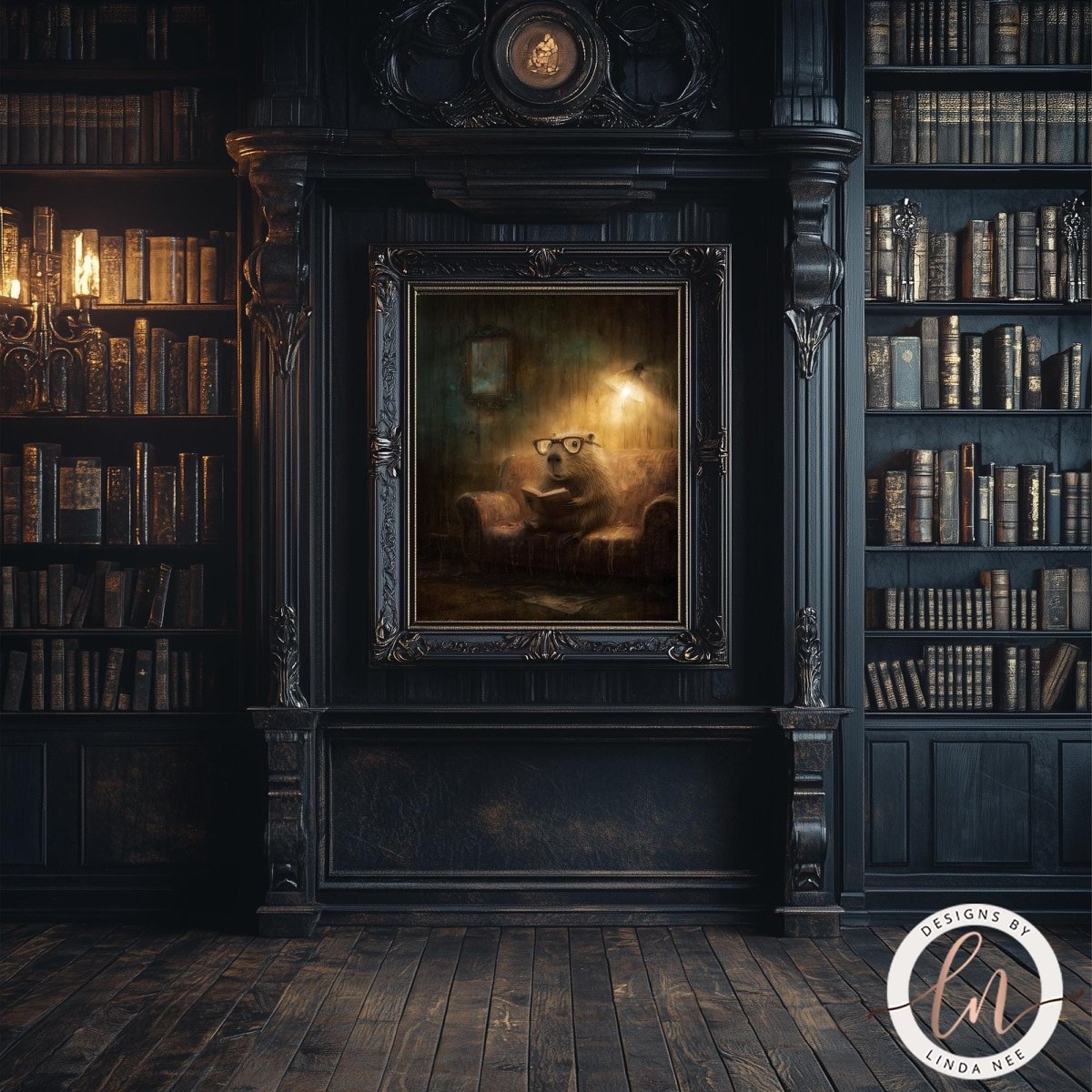 a dark, ornate room with a large bookshelf filled with books, a painting of a cat sitting on a chair, and a chandelier hanging from the ceiling.