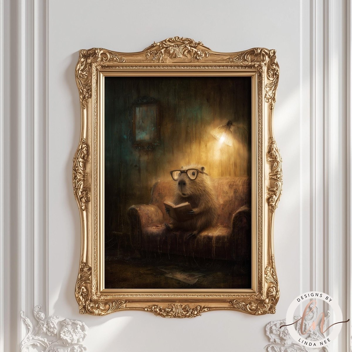 A painting of a beaver wearing glasses and reading a book, set against a dark background with a light source illuminating the scene.