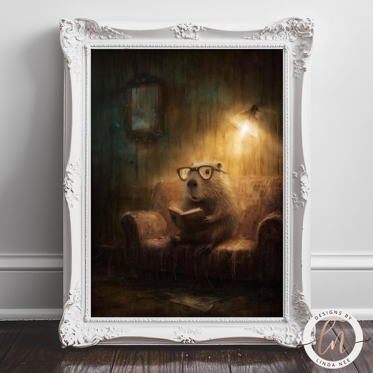 A beaver wearing glasses is sitting on a couch, reading a book in a cozy, dimly lit room.