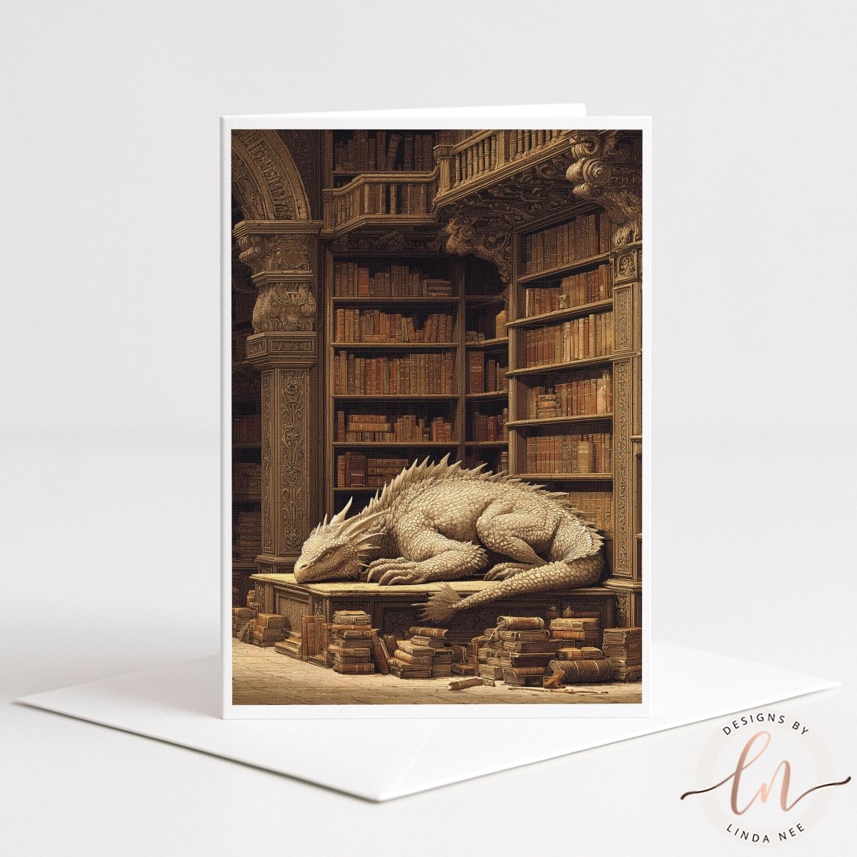 A large, detailed dragon sculpture is depicted in a library setting, surrounded by bookshelves and a wooden archway.