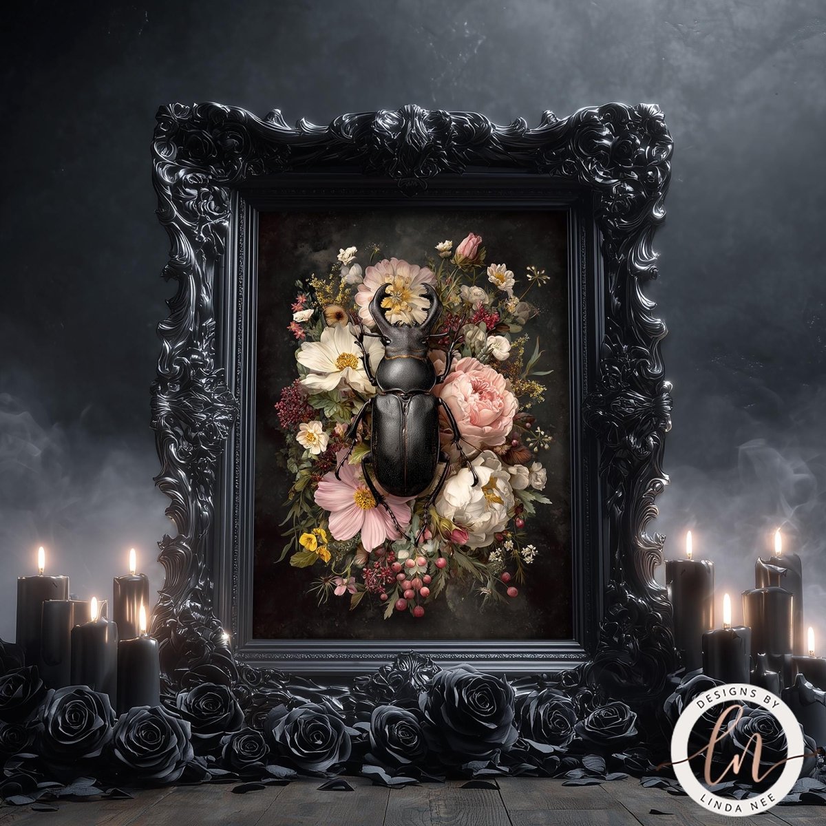 a large, ornate black frame with a floral arrangement of flowers and a large black beetle inside it. The frame is surrounded by candles, creating a dark and mysterious atmosphere.