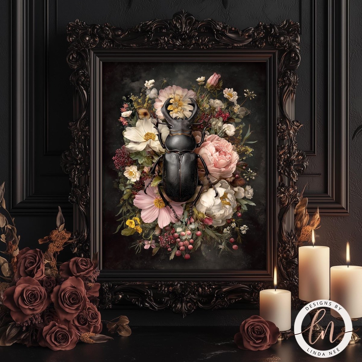 a framed painting of a black beetle surrounded by a vibrant floral arrangement, including roses, peonies, and other flowers. The painting is displayed on a dark background, with three lit candles placed to the right of the frame.