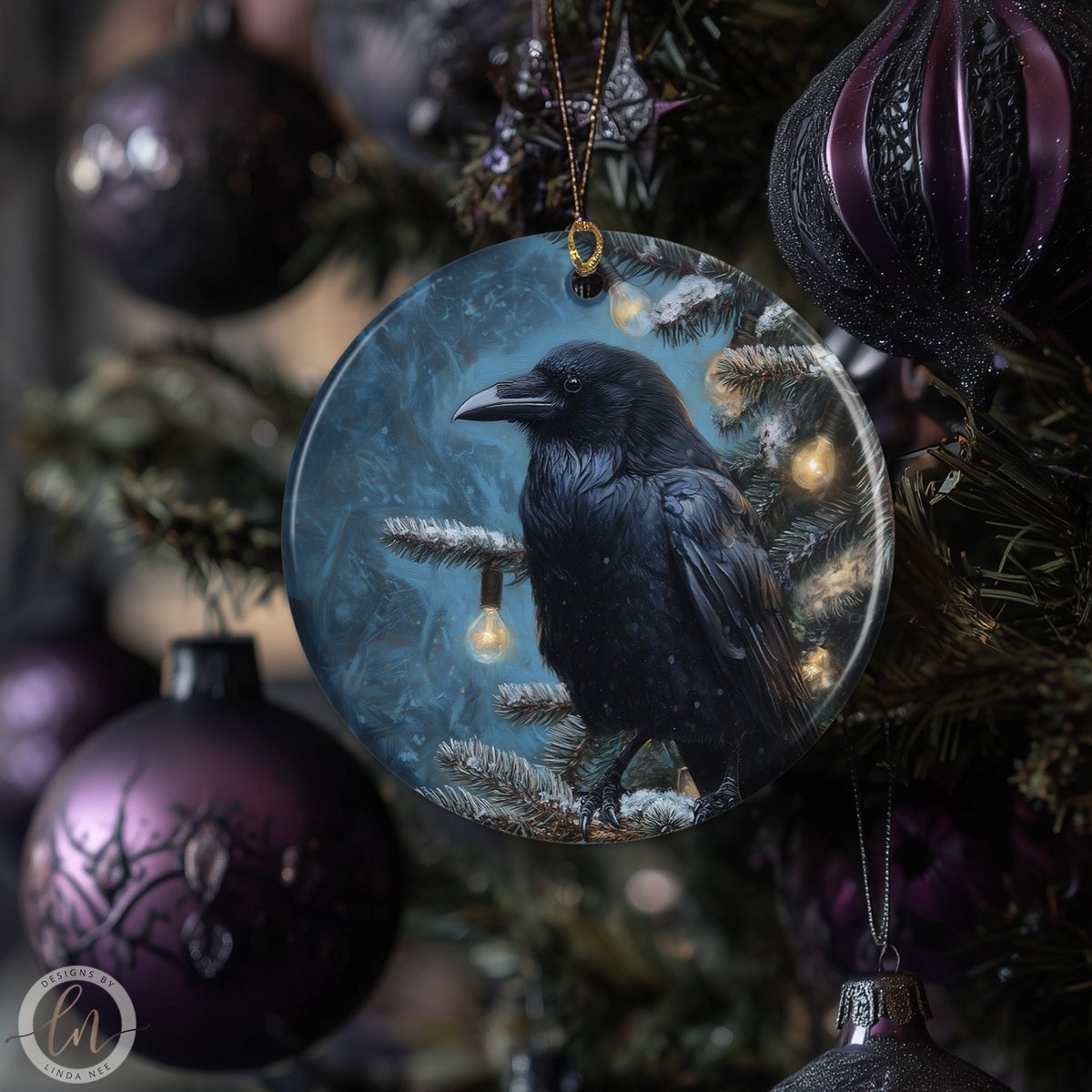a close-up of a black bird ornament hanging on a Christmas tree, surrounded by other ornaments and decorations.