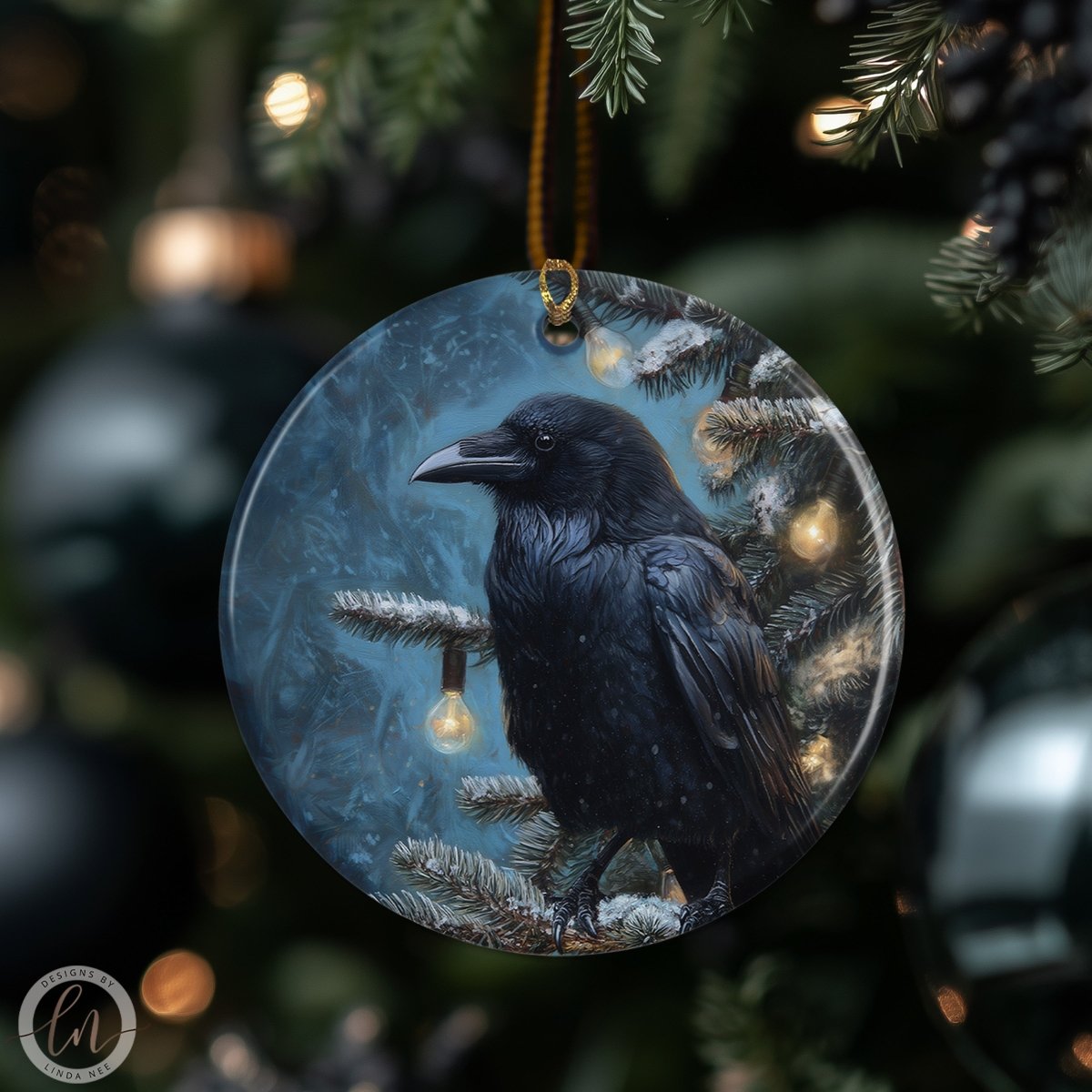 A black raven ornament hangs from a tree branch, surrounded by twinkling lights.