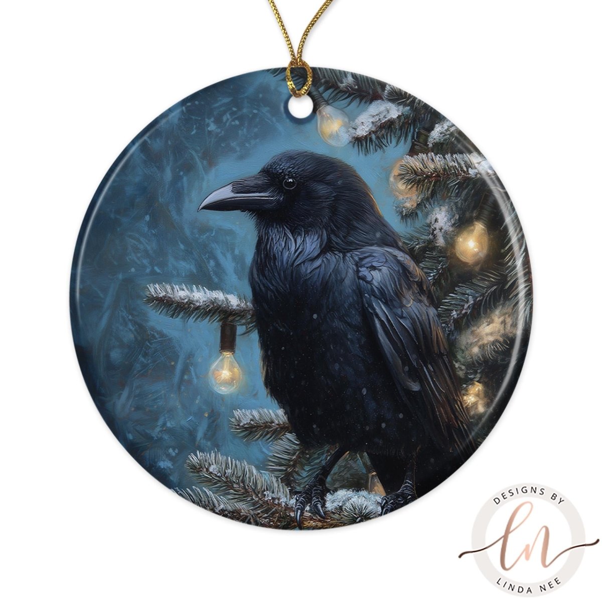 A black raven perched on a branch with Christmas lights, creating a festive and whimsical scene.