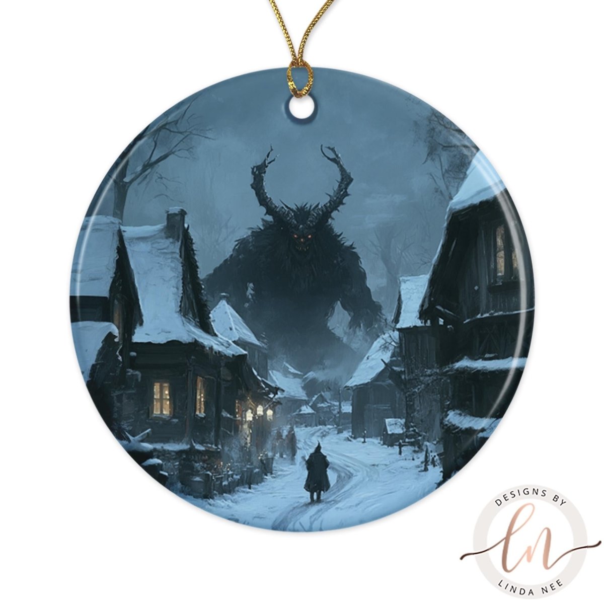 A dark, ominous figure looms over a snowy village scene, with a lone figure walking down the street in the foreground.