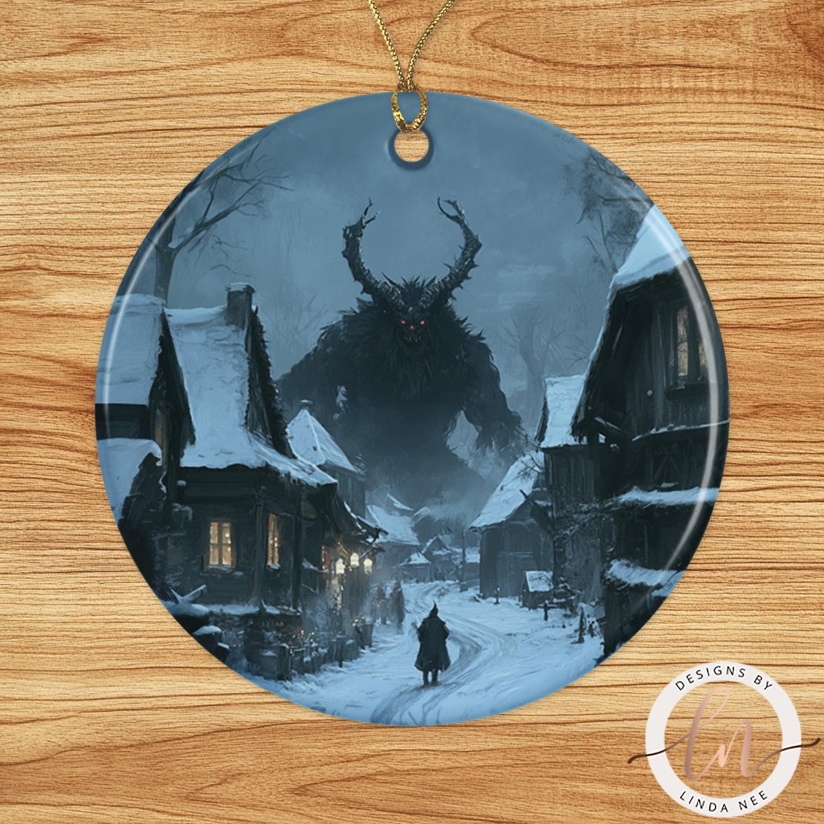 A dark, ominous figure looms over a snowy village scene, with a lone figure walking down a path in the foreground.