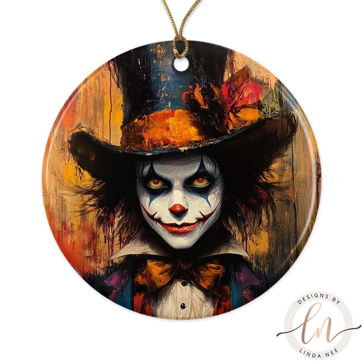 A close-up of a clown with painted makeup and a colorful hat, creating a creepy and unsettling appearance.