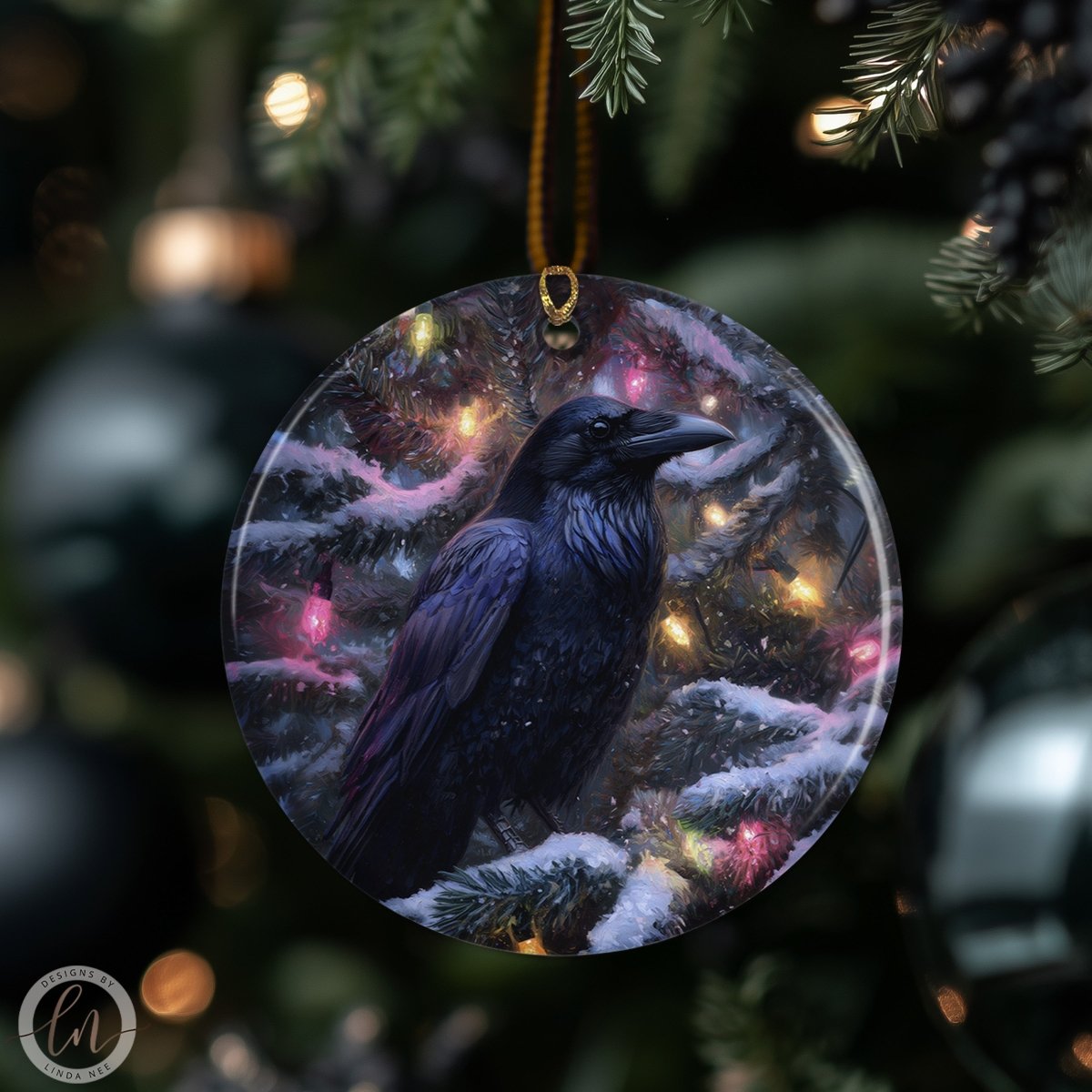 A black raven ornament is hanging from a tree branch, surrounded by twinkling lights and snow.