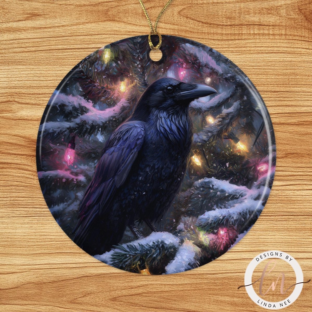 A black crow perched on a snowy branch, surrounded by twinkling Christmas lights.