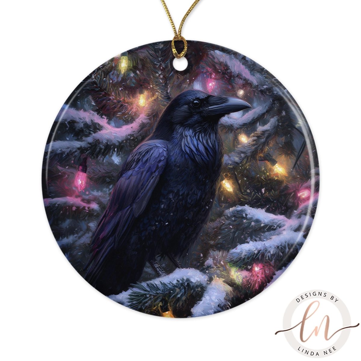 A black bird perched on a snowy branch, surrounded by colorful lights and a festive Christmas tree.