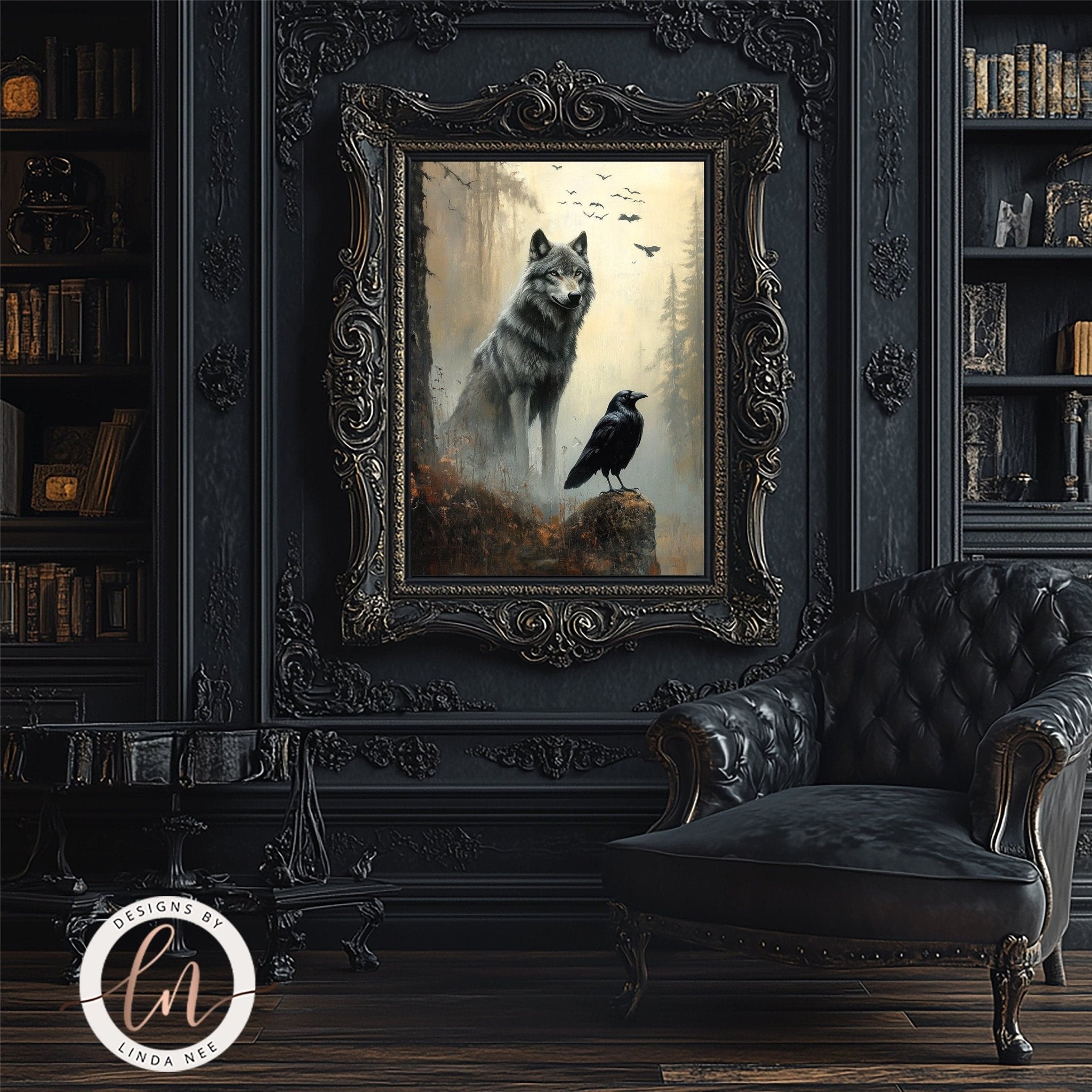 Dark Norse Fantasy Wolf & Raven Wall Art - Metal or Paper