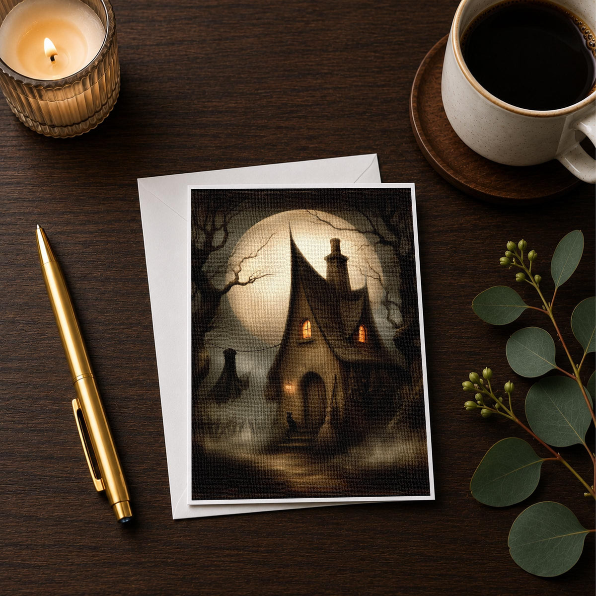 Witch cottage note card styled on a wooden desk with a candle, a pen and a coffee cup